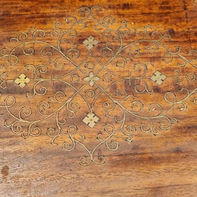 Antique Wood Serving Tray w Metal Inlay Design