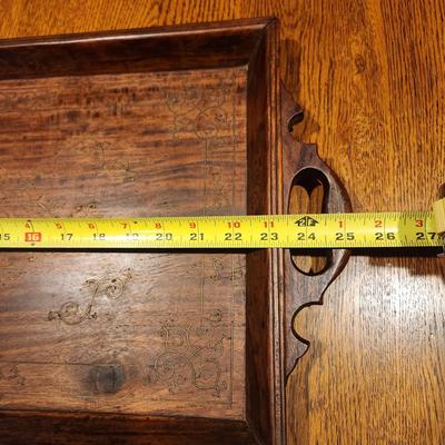 Antique Wood Serving Tray w Metal Inlay Design
