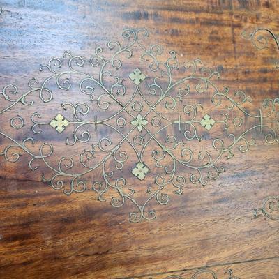 Antique Wood Serving Tray w Metal Inlay Design