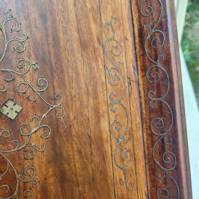 Antique Wood Serving Tray w Metal Inlay Design