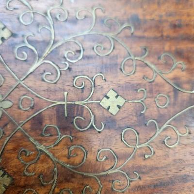 Antique Wood Serving Tray w Metal Inlay Design