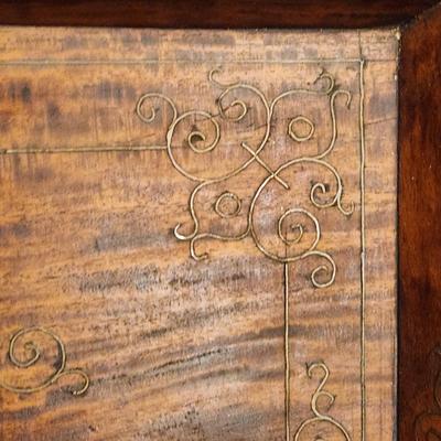 Antique Wood Serving Tray w Metal Inlay Design