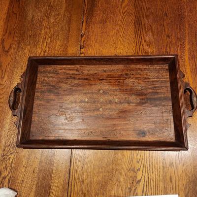 Antique Wood Serving Tray w Metal Inlay Design