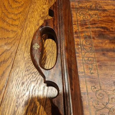 Antique Wood Serving Tray w Metal Inlay Design
