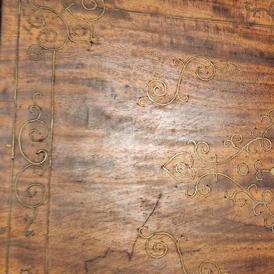 Antique Wood Serving Tray w Metal Inlay Design