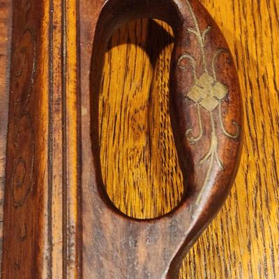Antique Wood Serving Tray w Metal Inlay Design