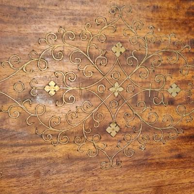 Antique Wood Serving Tray w Metal Inlay Design