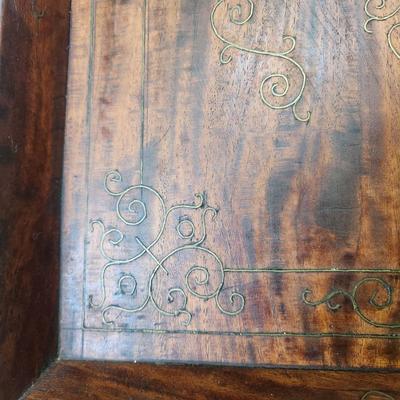 Antique Wood Serving Tray w Metal Inlay Design