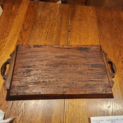 Antique Wood Serving Tray w Metal Inlay Design