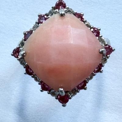 Art Deco Sterling Silver Peruvian Opal Ring, Pink and White Topaz Accents