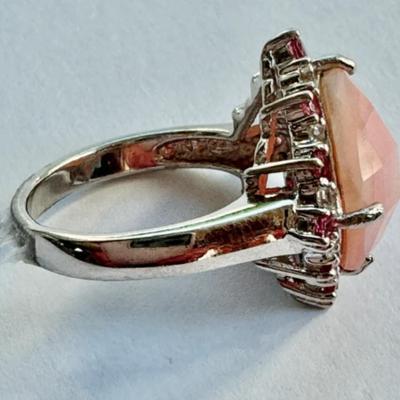 Art Deco Sterling Silver Peruvian Opal Ring, Pink and White Topaz Accents