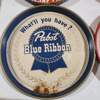 4 Vintage metal Beer Tray Schaefer Rheingold PBR Pabst Blue Ribbon Duquesne Pilsener Bar barware Man Cave