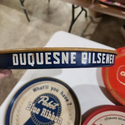 4 Vintage metal Beer Tray Schaefer Rheingold PBR Pabst Blue Ribbon Duquesne Pilsener Bar barware Man Cave