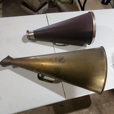 2 Vintage Megaphones Bull Horns 1 Merriman Bros,Boston 1 Brass Tested Working