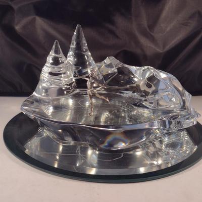 Baccarat Crystal Ice Skater on Pond Sculpture 'Crystal Morning'- Signed by Artist- Approx 8 1/4" Wide, 4 1/2" Tall