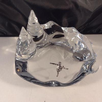 Baccarat Crystal Ice Skater on Pond Sculpture 'Crystal Morning'- Signed by Artist- Approx 8 1/4" Wide, 4 1/2" Tall