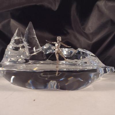 Baccarat Crystal Ice Skater on Pond Sculpture 'Crystal Morning'- Signed by Artist- Approx 8 1/4" Wide, 4 1/2" Tall