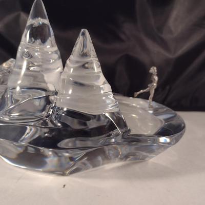 Baccarat Crystal Ice Skater on Pond Sculpture 'Crystal Morning'- Signed by Artist- Approx 8 1/4" Wide, 4 1/2" Tall