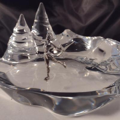 Baccarat Crystal Ice Skater on Pond Sculpture 'Crystal Morning'- Signed by Artist- Approx 8 1/4" Wide, 4 1/2" Tall
