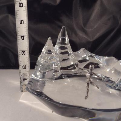 Baccarat Crystal Ice Skater on Pond Sculpture 'Crystal Morning'- Signed by Artist- Approx 8 1/4" Wide, 4 1/2" Tall