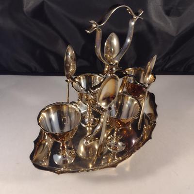 English Silver Plated Egg Cruet Set- Four Egg Cups, Spoons, and Carrying Tray