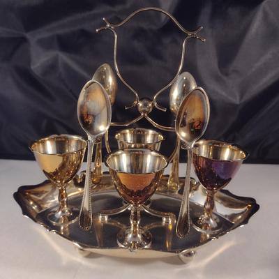 English Silver Plated Egg Cruet Set- Four Egg Cups, Spoons, and Carrying Tray