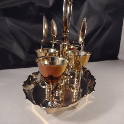English Silver Plated Egg Cruet Set- Four Egg Cups, Spoons, and Carrying Tray