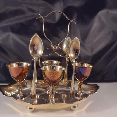 English Silver Plated Egg Cruet Set- Four Egg Cups, Spoons, and Carrying Tray