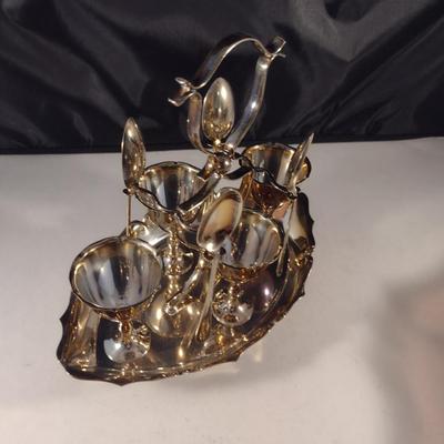English Silver Plated Egg Cruet Set- Four Egg Cups, Spoons, and Carrying Tray