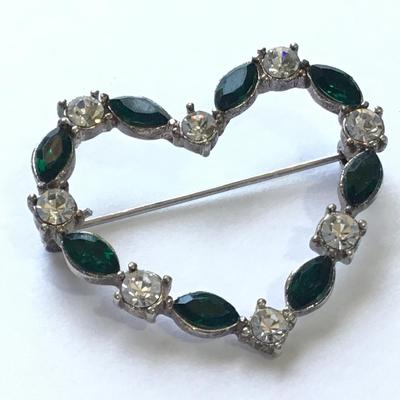 Green and Clear Rhinestone heart pin