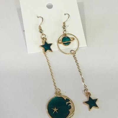 Gold, toned, blue turquoise enamel planet dangle earrings