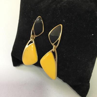 Vintage, gold, toned, black, and yellow enamel dangle earrings