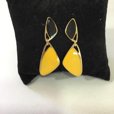 Vintage, gold, toned, black, and yellow enamel dangle earrings