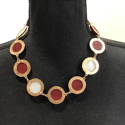 Gold tone necklace with white and maroon Cabachon
