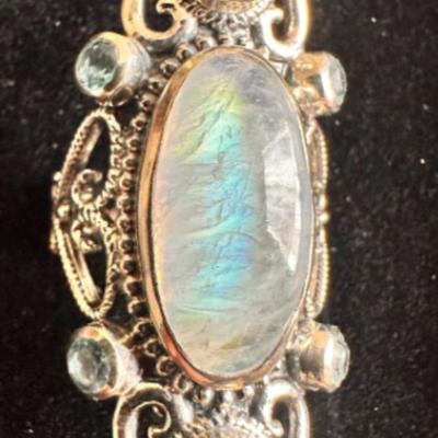 Giant Half Oz Certified Natural Natural Opal & Aquamarine Ring Fine Silver