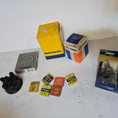 Vintage Auto Parts Lot – Spark Plugs, Distributor Cap, Fuses, Light Bulb, and More