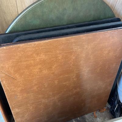 Sale Photo Thumbnail #6: Seven card tables round, square, wood and two display case and board.