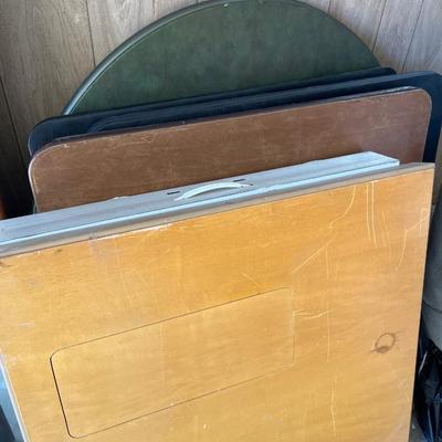 Sale Photo Thumbnail #5: Seven card tables round, square, wood and two display case and board.