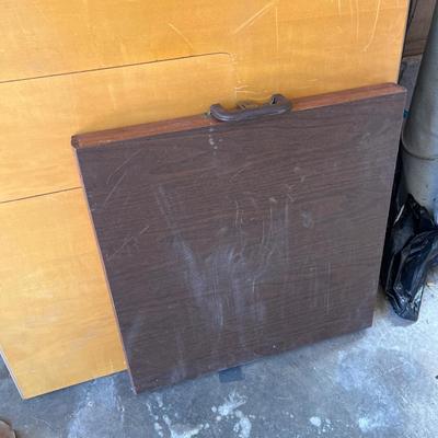 Sale Photo Thumbnail #9: Seven card tables round, square, wood and two display case and board.