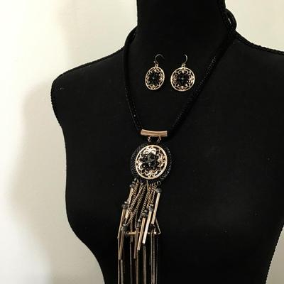 Black, mesh statement, necklace, and earring set