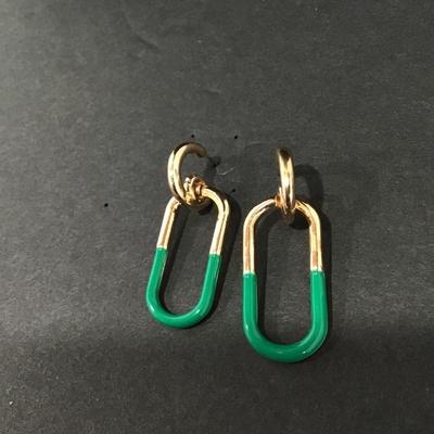 Very nice gold tone Green enamel paper clip dangle earrings