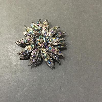Sale Photo Thumbnail #45: trio Layered flower Brooch 
Gunmetal with AB rhinestones 
Please see attached photos