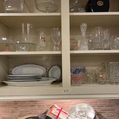 Sale Photo Thumbnail #58: Wine glasses, pie plates, cookie cutter, china, clear glass.