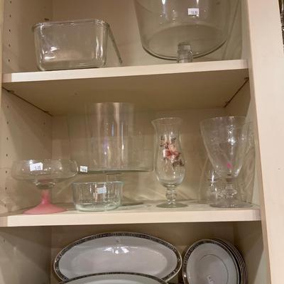 Sale Photo Thumbnail #60: Wine glasses, pie plates, cookie cutter, china, clear glass.