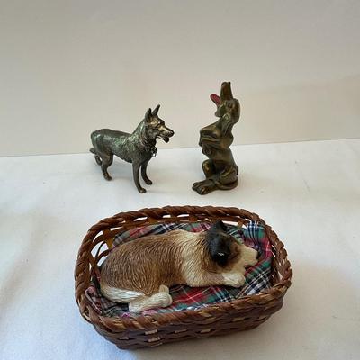 Two Metal dogs with sleeping ceramic dog
