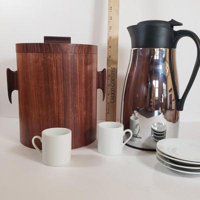 LOT 28F: Vintage Kitchen Host Assortment; MCM Rosewood Ice Bucket, Trudeau Chrome Carafe, Porcelain Espresso Cups