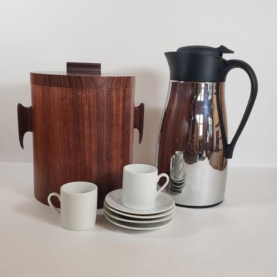 LOT 28F: Vintage Kitchen Host Assortment; MCM Rosewood Ice Bucket, Trudeau Chrome Carafe, Porcelain Espresso Cups
