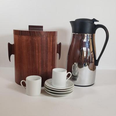 LOT 28F: Vintage Kitchen Host Assortment; MCM Rosewood Ice Bucket, Trudeau Chrome Carafe, Porcelain Espresso Cups