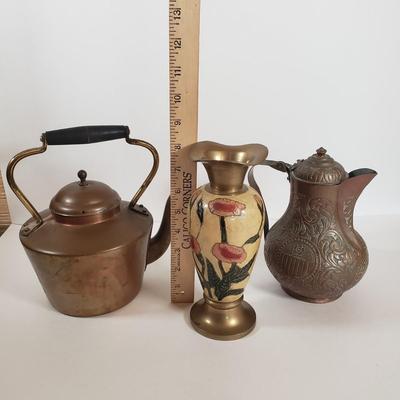 LOT 29F: Collection of Copper; Tea Kettle, Ewer, Enameled Vase