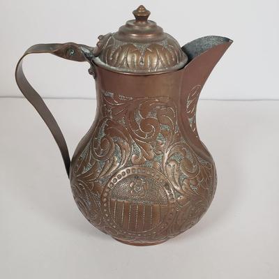 LOT 29F: Collection of Copper; Tea Kettle, Ewer, Enameled Vase